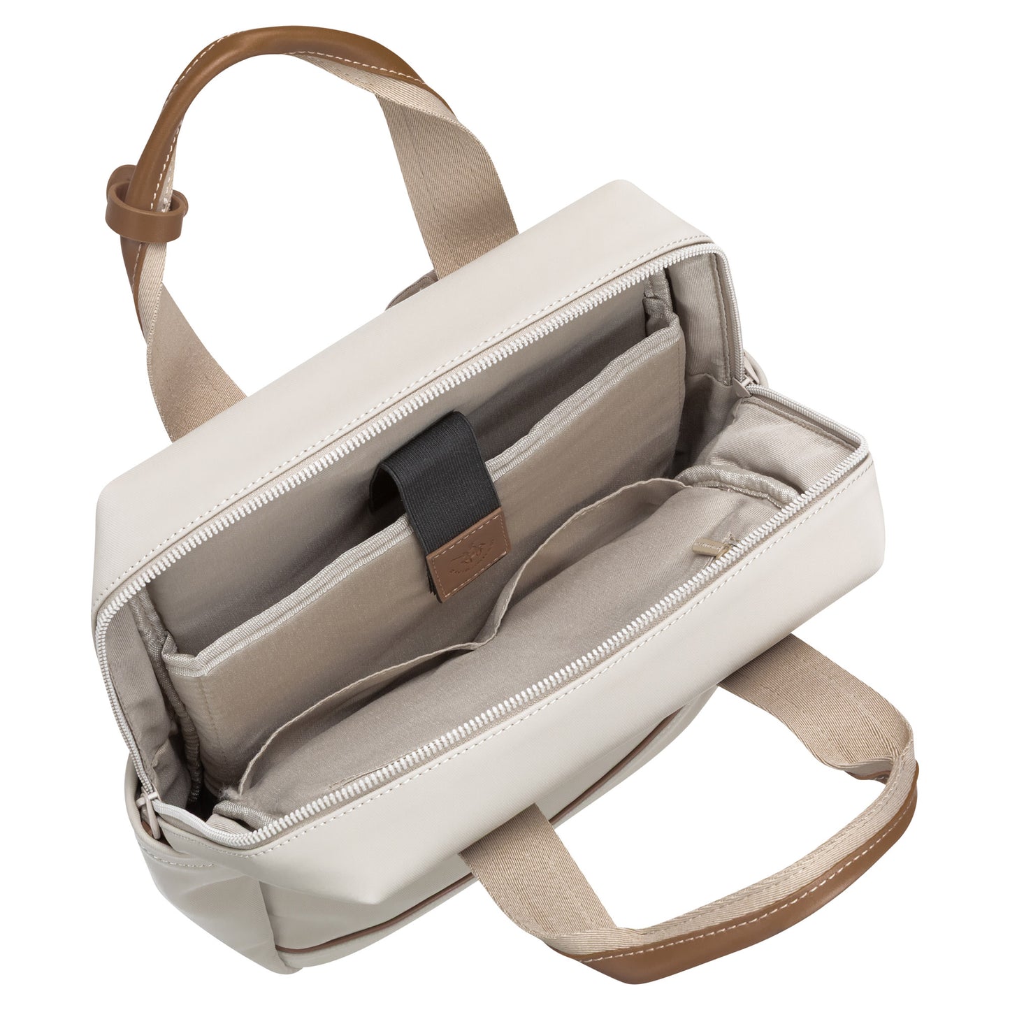 David Jones Backpack with laptop compartment in beige, brown handles, compartments, and zippered pocket.