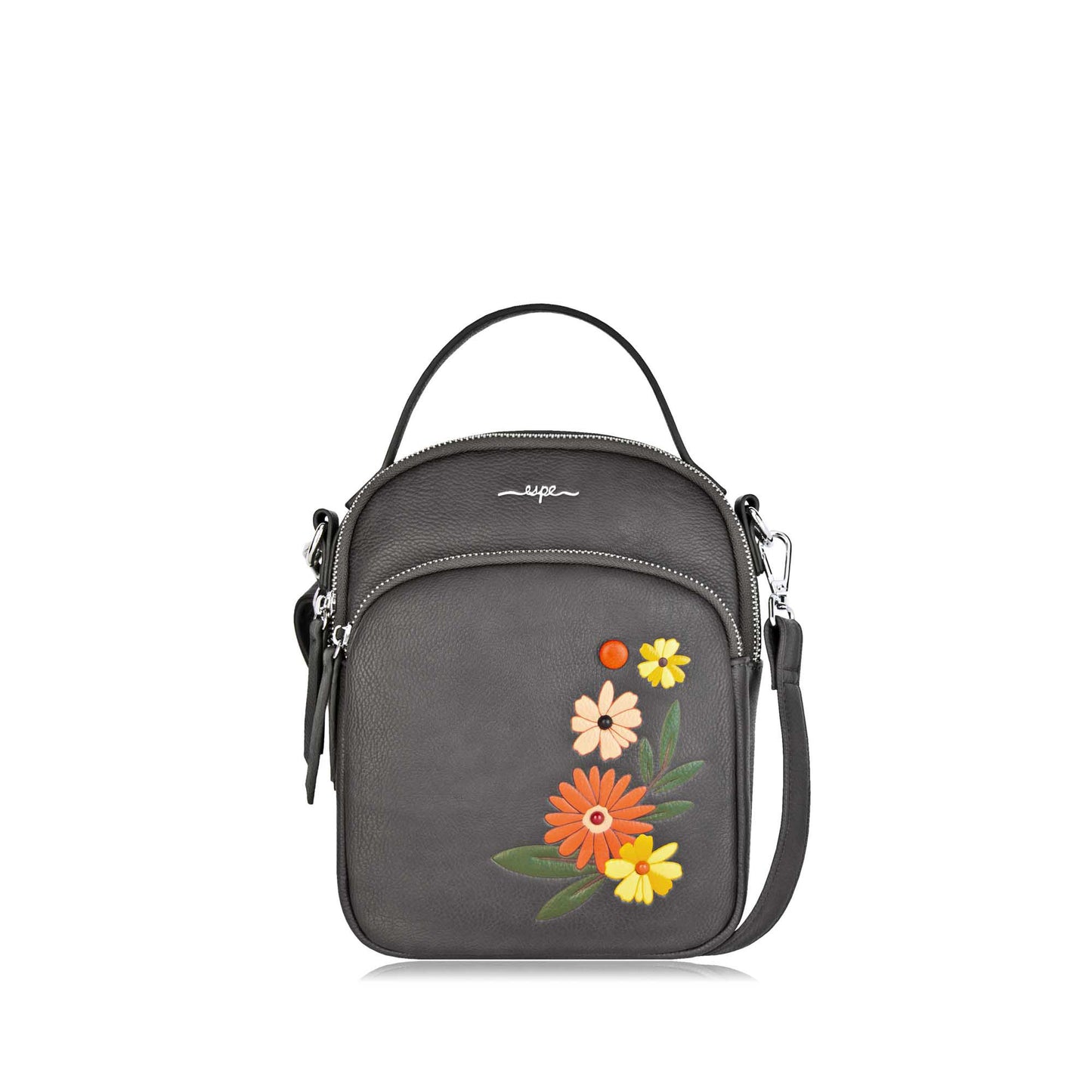 Espe Daliah Crossbody, grey, with yellow, orange and light pink flowers embroidered on front pouch