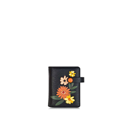 Espe Daliah Small Wallet, front view, black with orange, yellow and light pink flowers embroidered on front