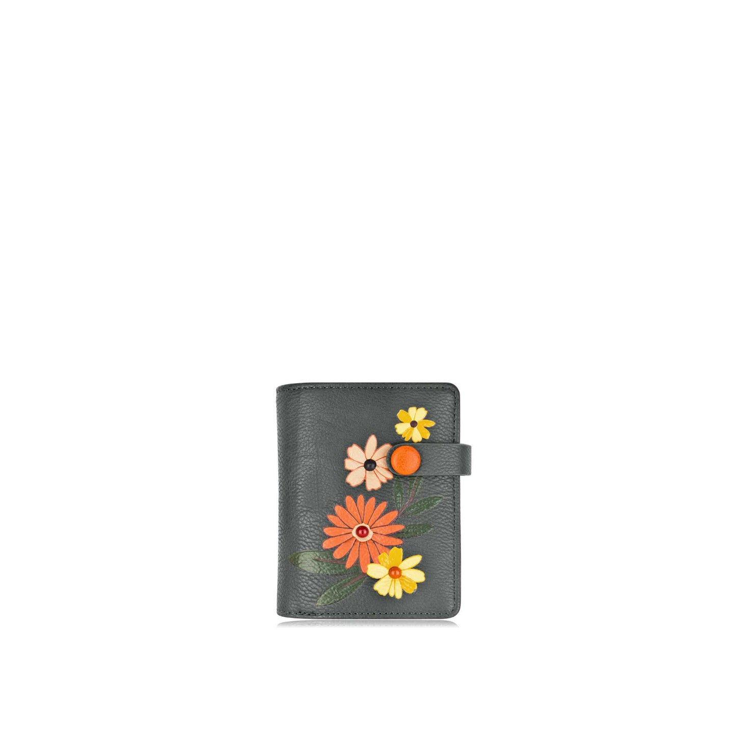 Espe Daliah Small Wallet, front view, grey with orange, yellow and light pink flowers embroidered on front