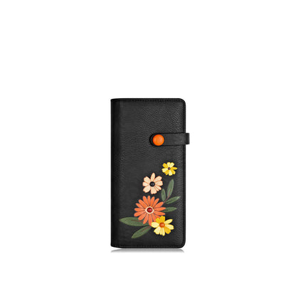 Espe Daliah Long Wallet, front view, black with orange, yellow and light pink flowers embroidered on front