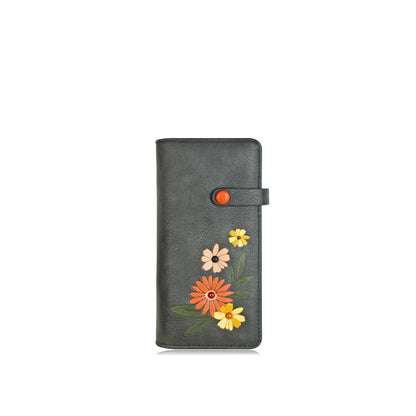 Espe Daliah Long Wallet, front view, grey with orange, yellow and light pink flowers embroidered on front