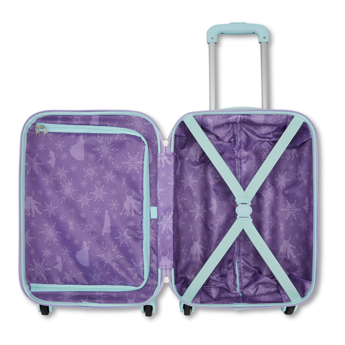 Open American Tourister Disney Frozen Kids Carry-on—purple with blue trim, great for young travelers.
