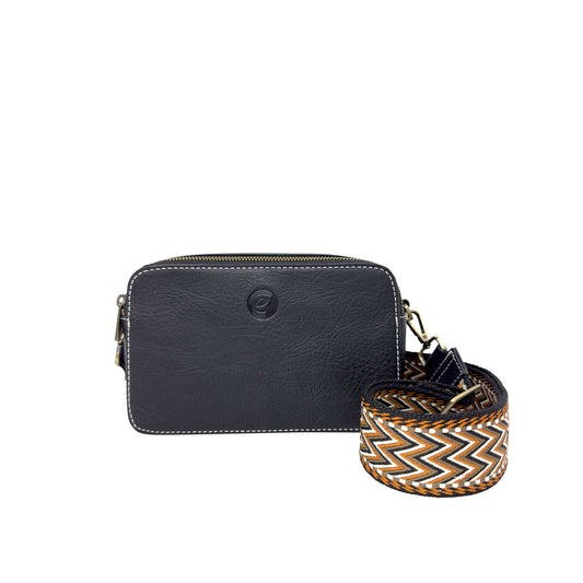 Product Image – Espe Emerson Crossbody: black vegan bag with white stitching, zigzag strap, vintage camera bag style.