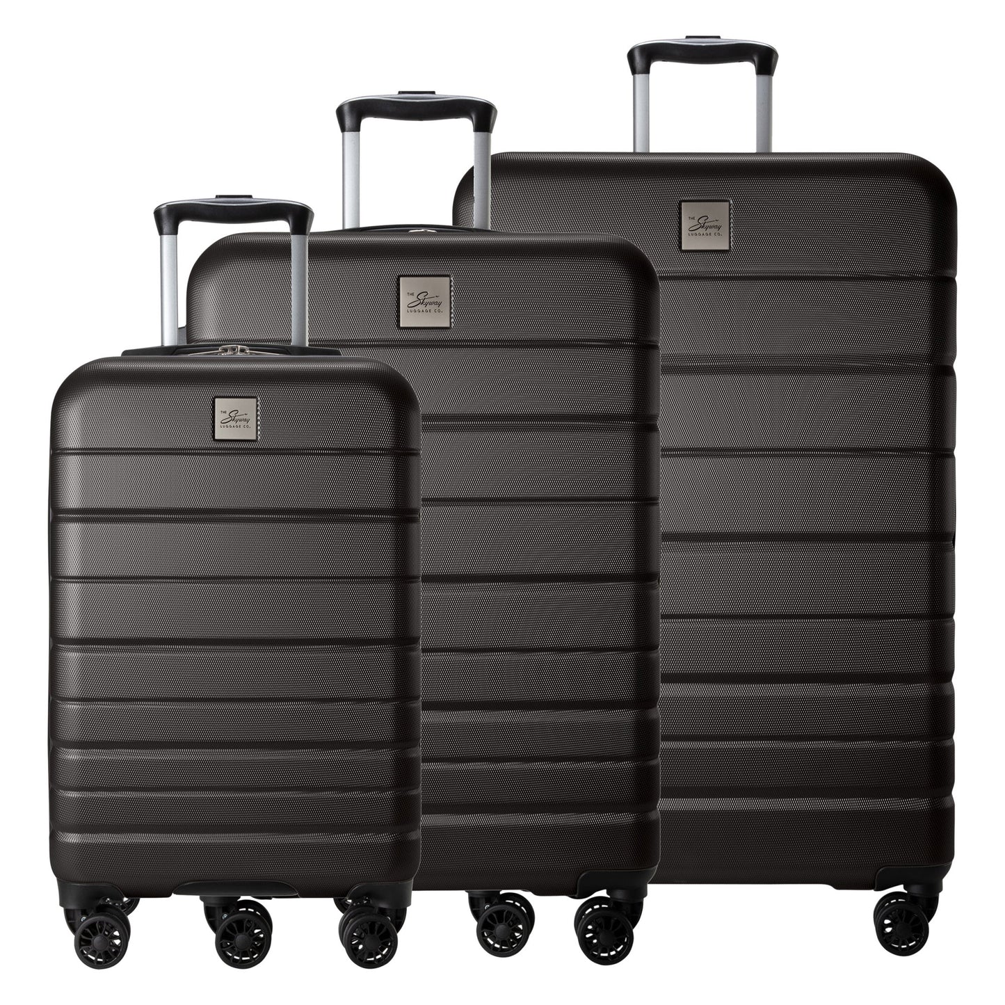 Skyway Epic 2.0 Hardside 3-Piece black luggage set with telescoping handles and dual 360° wheels.