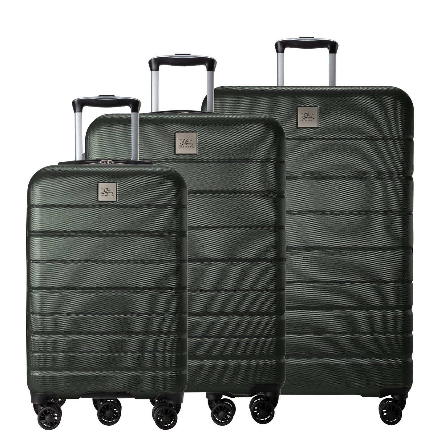 Skyway Epic 2.0 3-piece hardside set: dark green cases with scratch-resistant shells and dual spinner wheels.