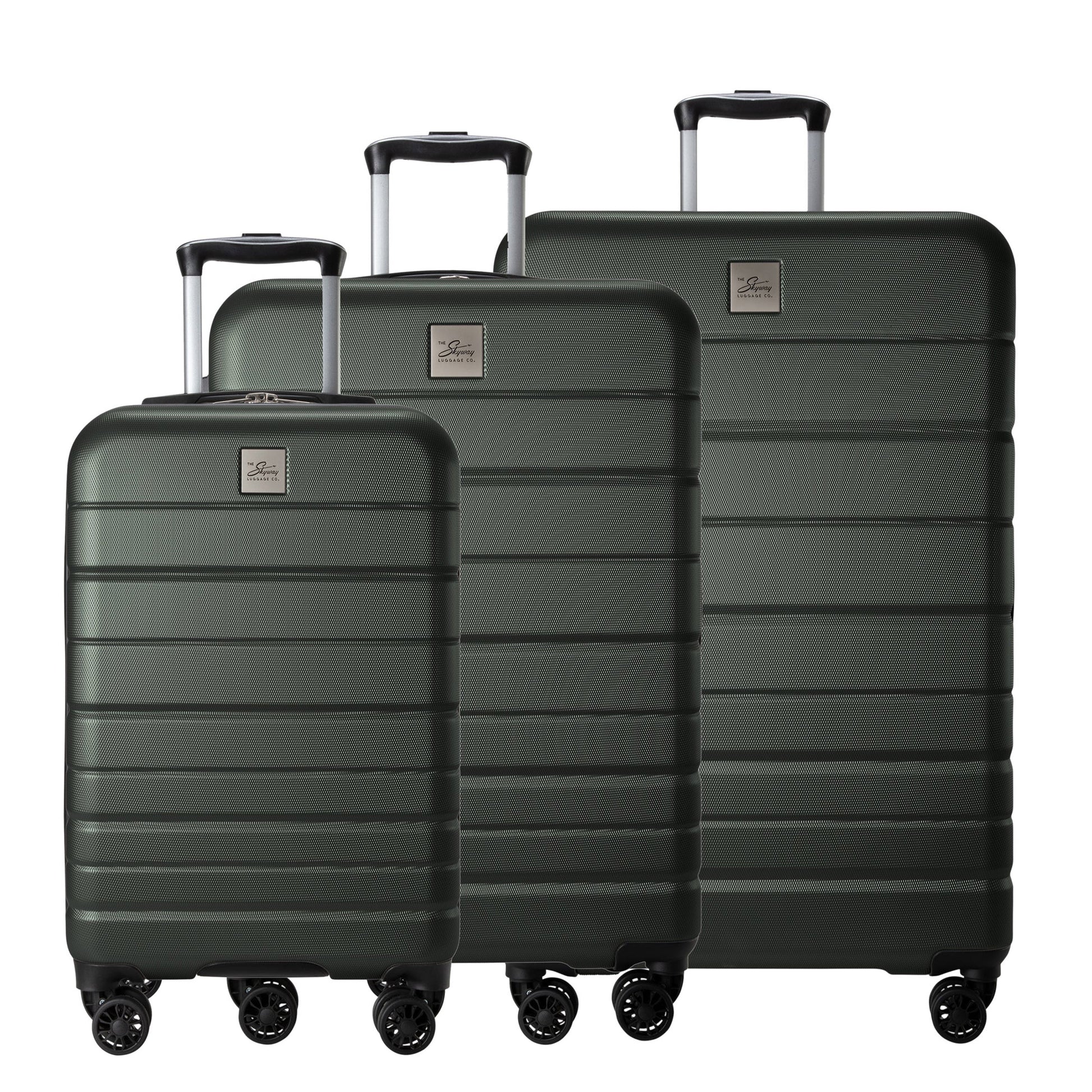 Skyway Epic 2.0 3-piece hardside set: dark green cases with scratch-resistant shells and dual spinner wheels.