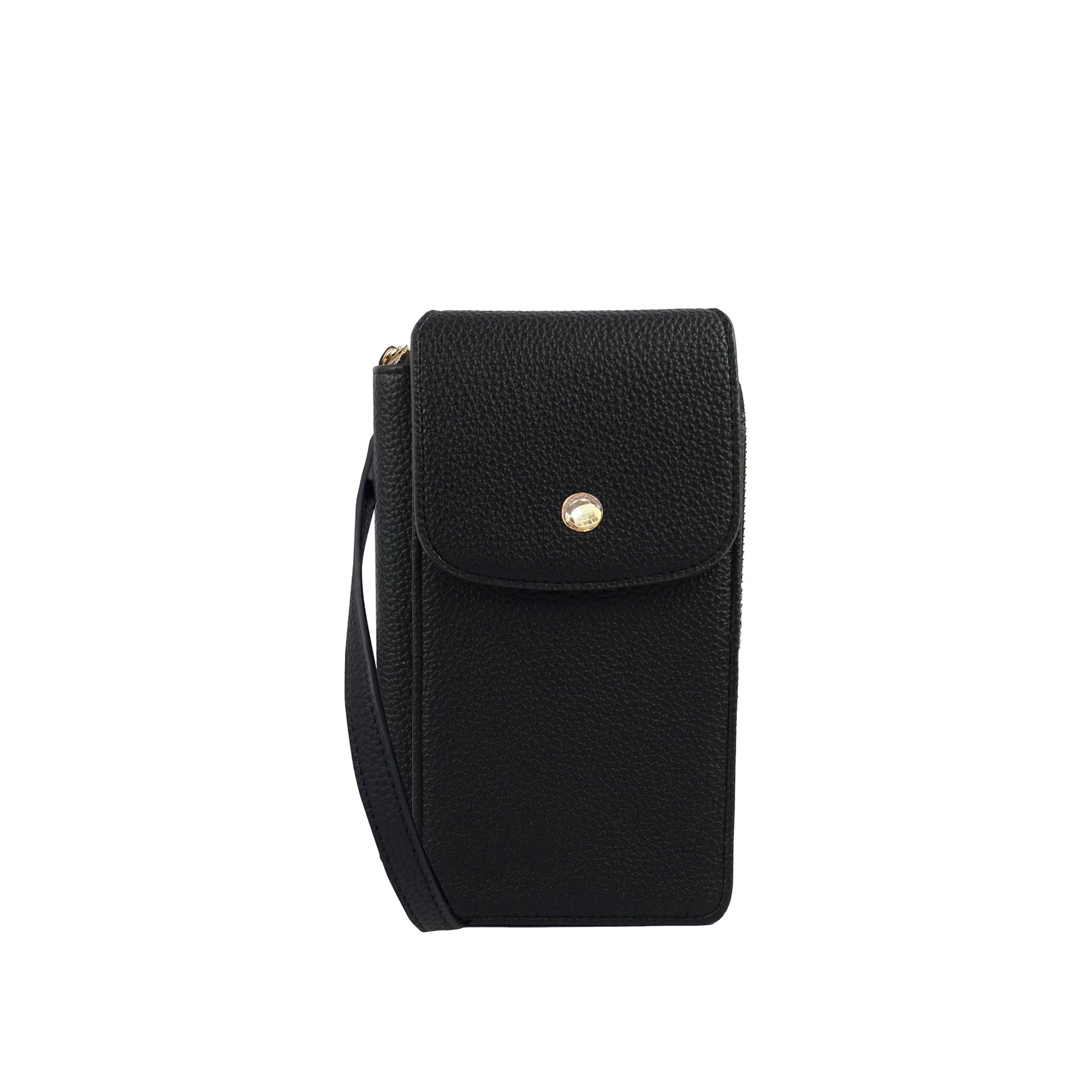 The Espe Erin I Mini Crossbody is your stylish, cruelty-free travel bag with a gold button and wrist strap.