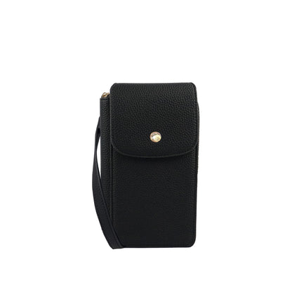 The Espe Erin I Mini Crossbody is your stylish, cruelty-free travel bag with a gold button and wrist strap.