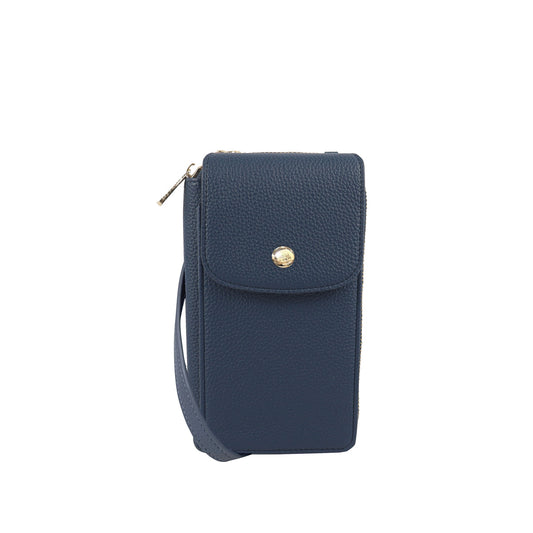 Product Image – Espe Erin I Mini Crossbody by Espe: navy blue vegan wristlet pouch with snap flap and zip compartment.