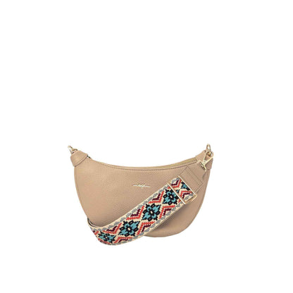 Espe Crescent Crossbody: Beige bag with cotton strap and gold hardware on a white background.