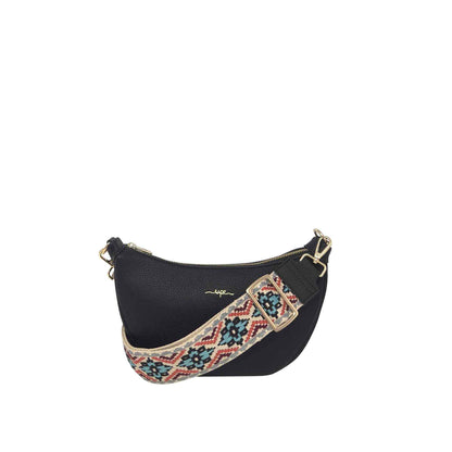 Espe Crescent Crossbody in black with stylish cotton strap and zipper closure on a white background.