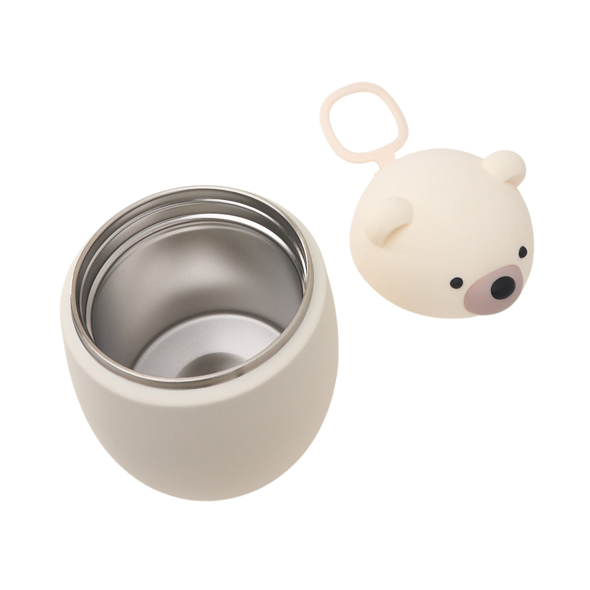 Open cream-colored Asobu Bestie Foodie Jar next to its bear-shaped lid with a carrying loop.