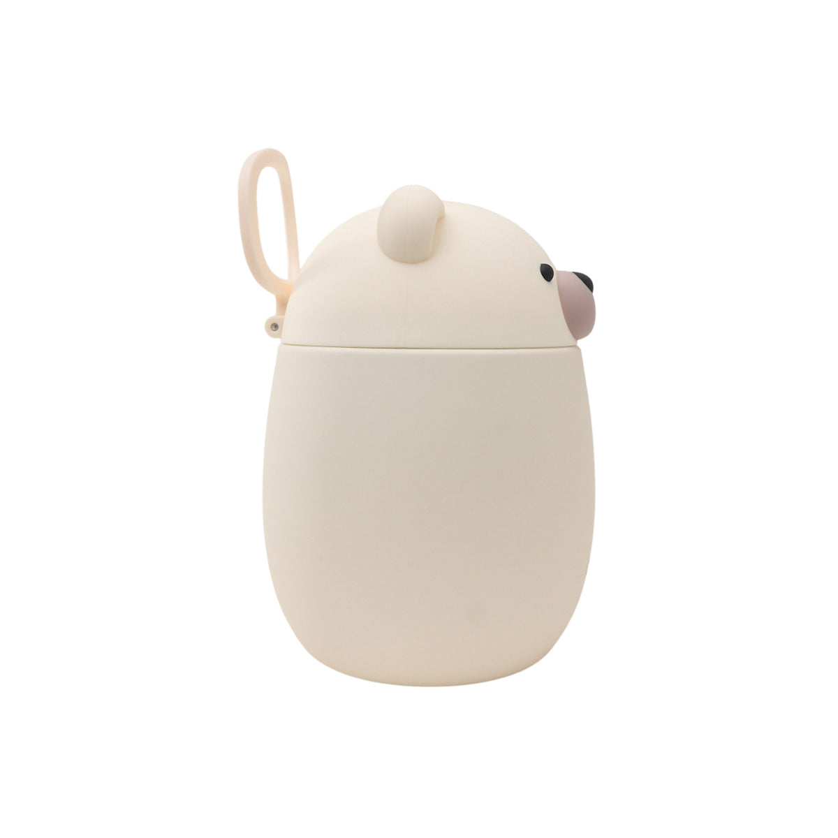 Off-white, bear-shaped Asobu Bestie Foodie Jar with a small carrying loop on the side.
