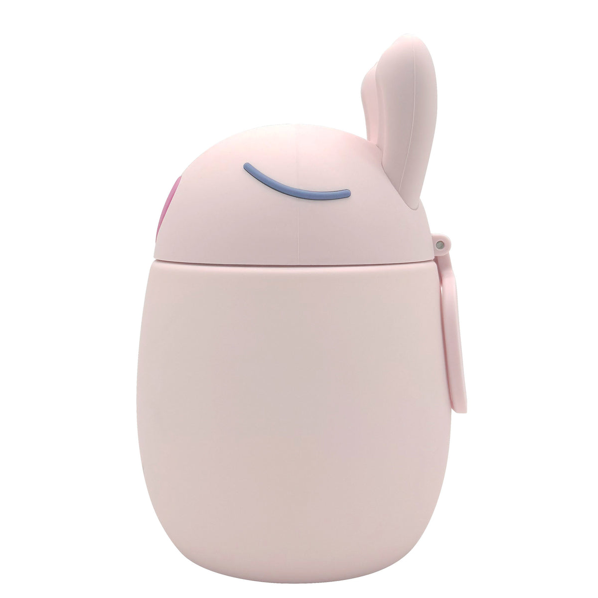 Light pink Asobu Bestie Foodie Jar with a bunny-eared lid and a sleepy face.