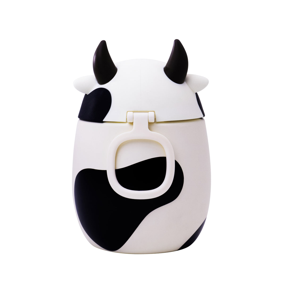 Asobu Bestie Foodie Jar: vacuum-insulated cow-print food container with black horns and a carrying ring.