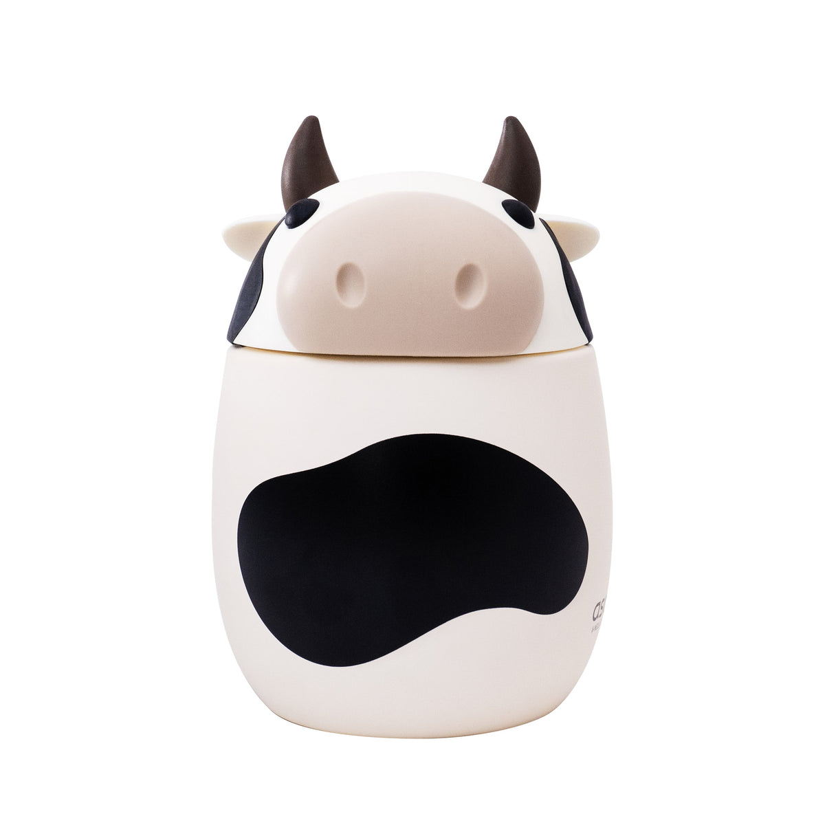 Asobu Bestie Foodie Jar with a black-and-white spotted base and a lid shaped like a cow’s head.