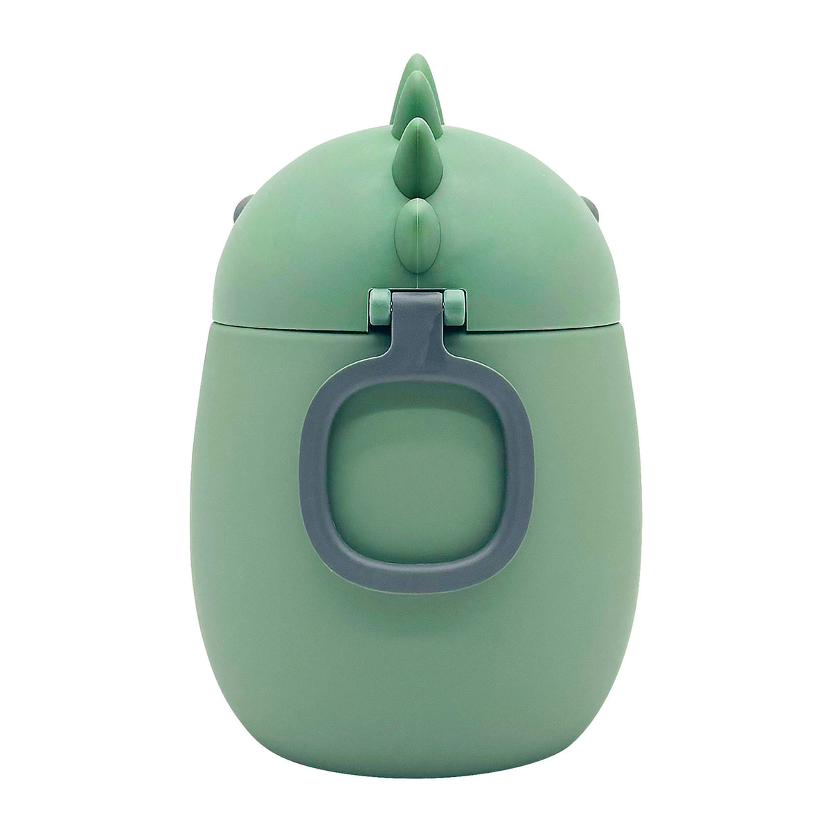 Asobu Bestie Foodie Jar: green dinosaur-shaped vacuum-insulated food jar with a gray carrying handle.