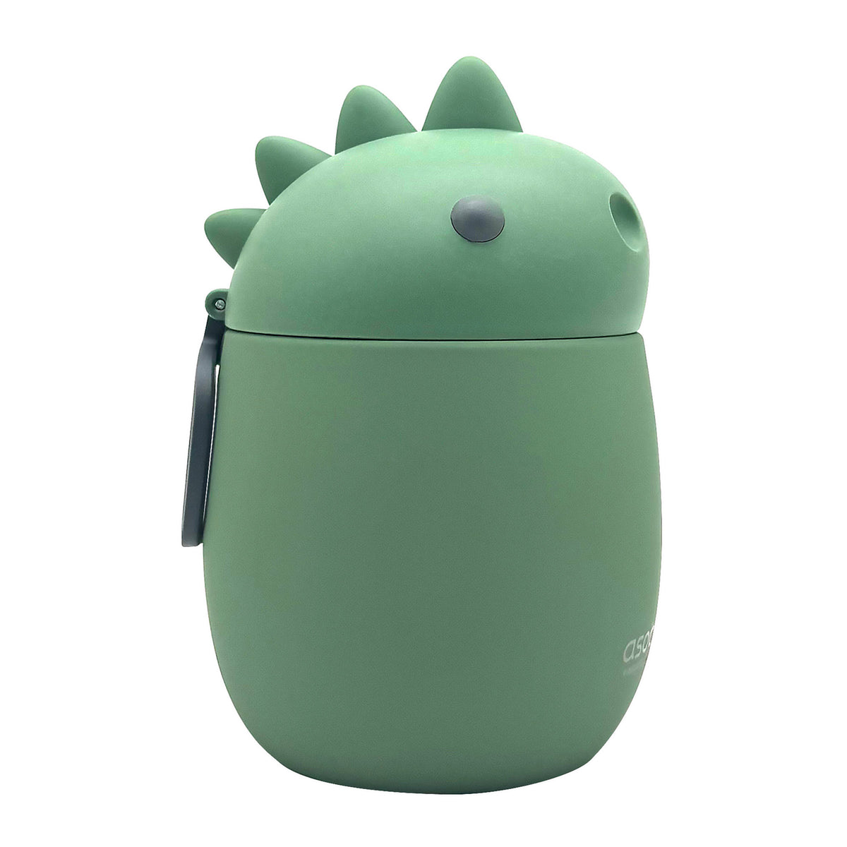 Green, vacuum-insulated Asobu Bestie Foodie Jar shaped like a dinosaur with a spiked lid.