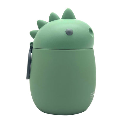 Green, vacuum-insulated Asobu Bestie Foodie Jar shaped like a dinosaur with a spiked lid.