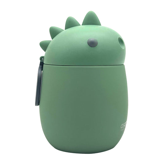 Product Image – Green, vacuum-insulated Asobu Bestie Foodie Jar shaped like a dinosaur with a spiked lid.