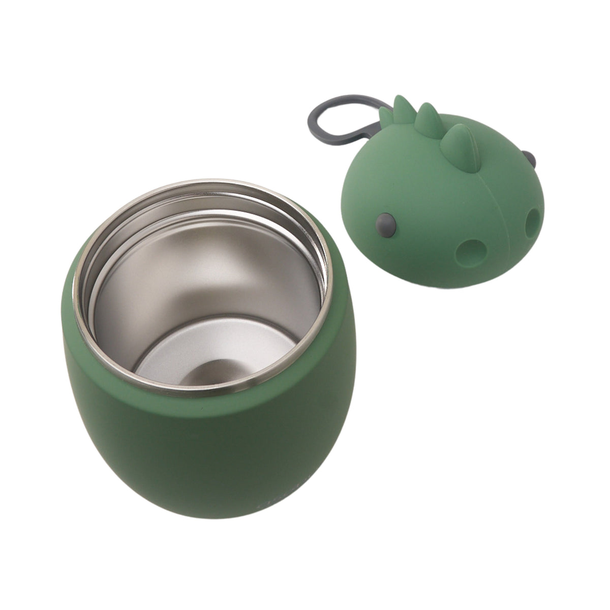 Green Asobu Bestie Foodie Jar stainless steel vacuum-insulated food container with a dinosaur-shaped lid.