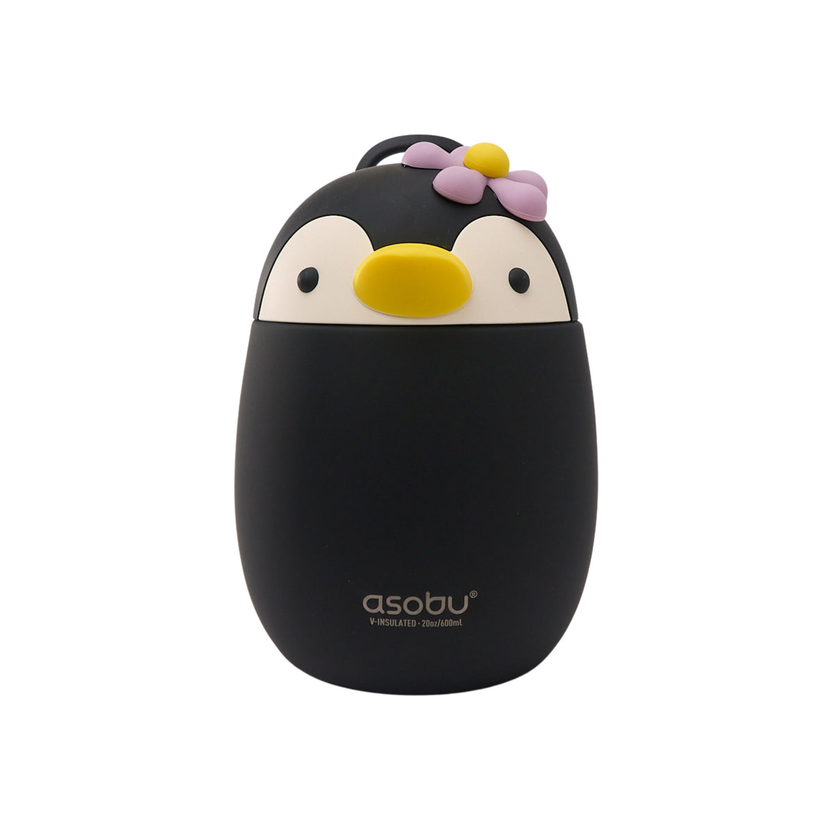 Asobu Bestie Foodie Jar, a penguin-shaped vacuum-insulated food container topped with a flower.