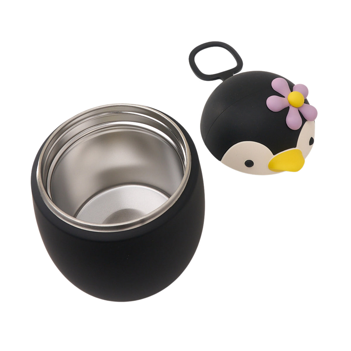 Open Asobu Bestie Foodie Jar with a black penguin-shaped lid featuring a purple flower.
