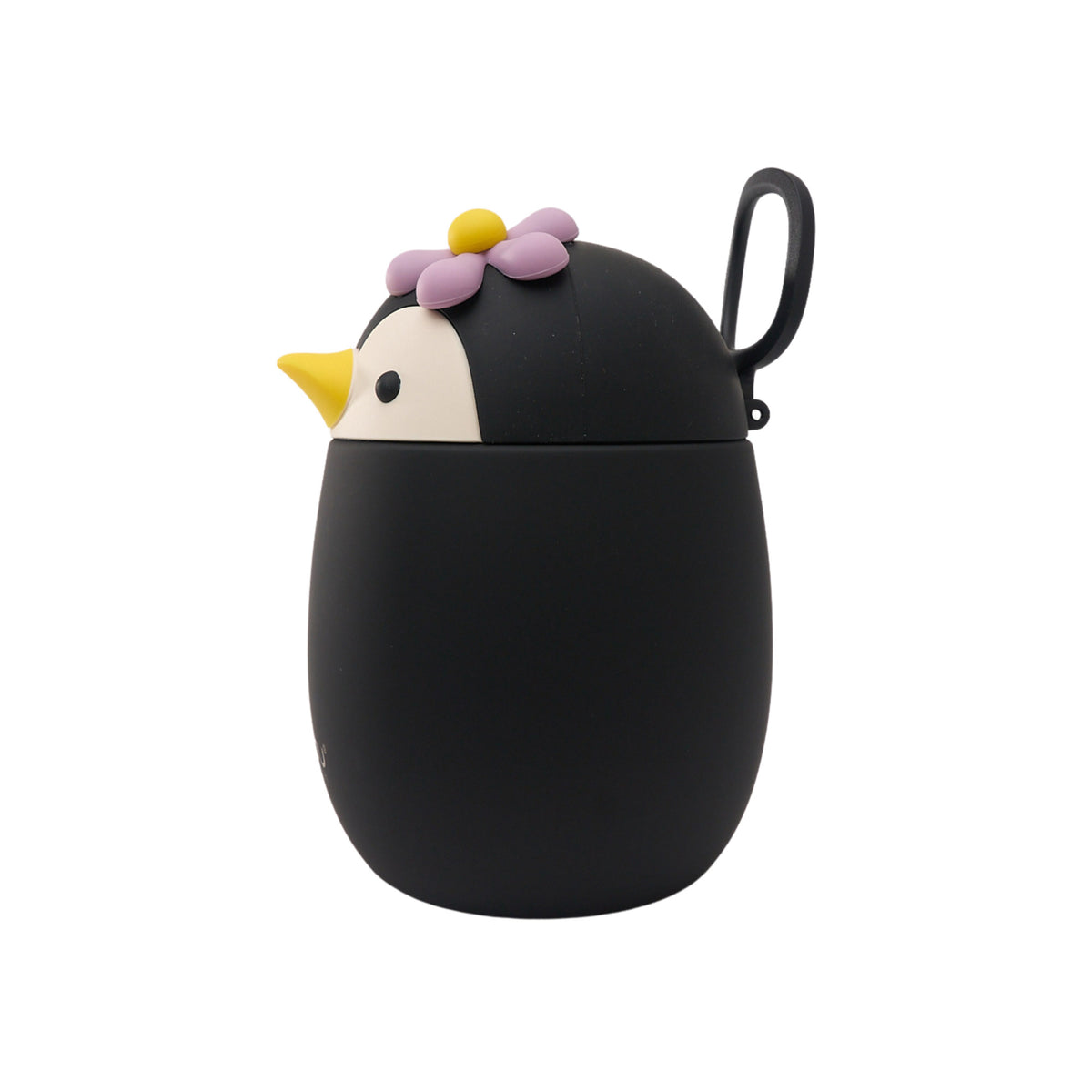Asobu Bestie Foodie Jar: black penguin-shaped food container with a purple flower and a black carry loop.
