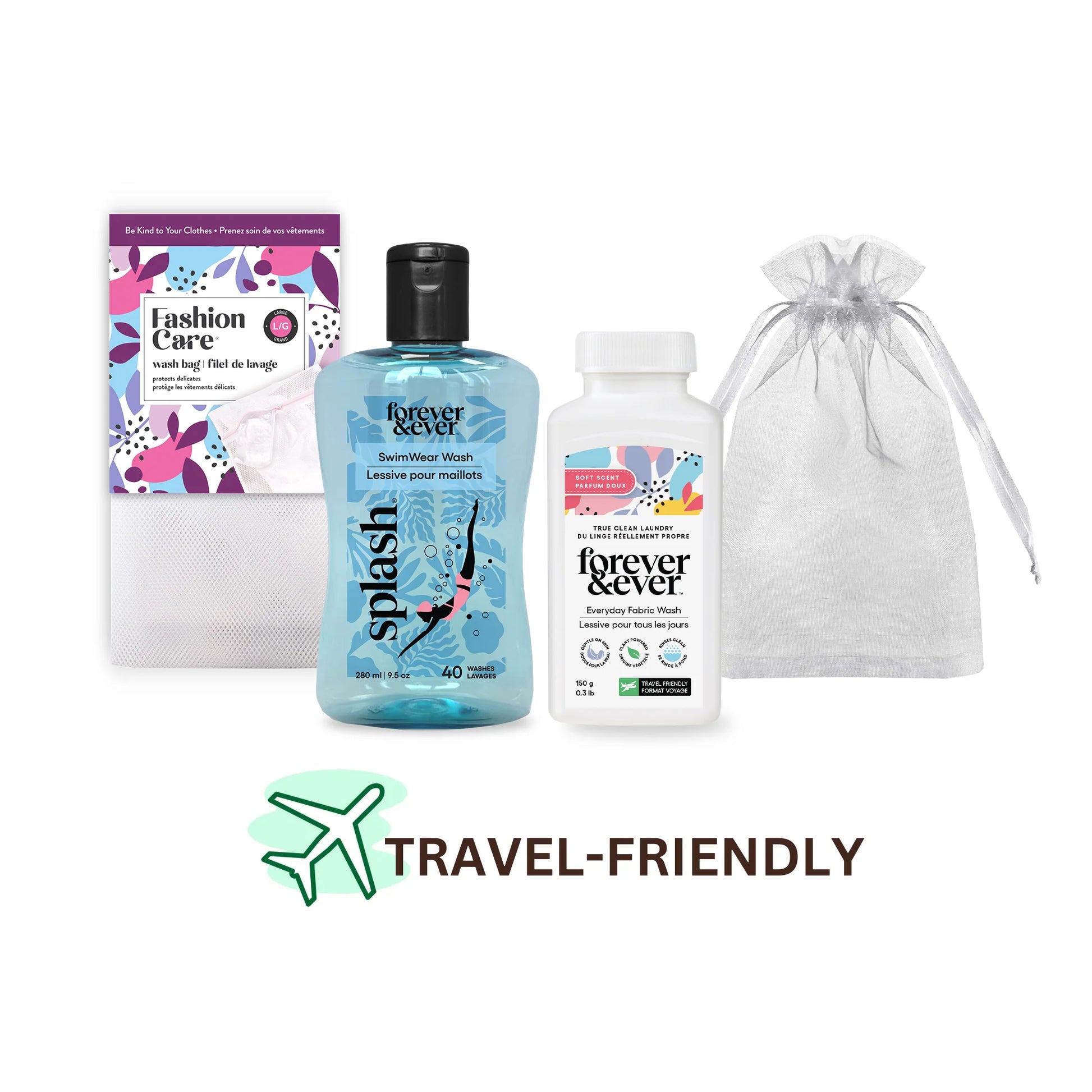 The Forever & Ever Jet Setter Travel Kit: eco laundry detergent, wash bag, and pouch—ideal for swimwear on the go.