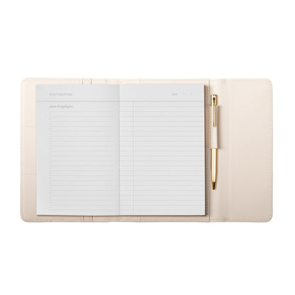 Open Fringe New Adventures Travel Folio Set showing a lined notebook page with destination, date fields, and a gold pen.