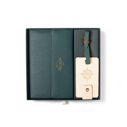 Fringe New Adventures Travel Folio Set includes a dark green folio and light luggage tag with gold compass in a box.