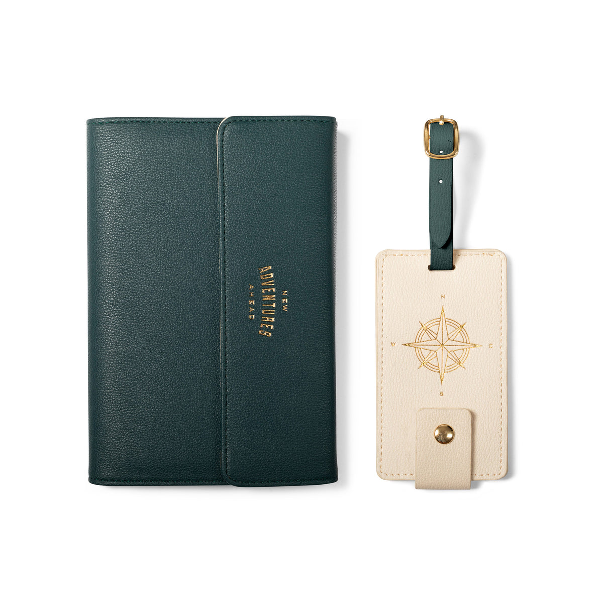 Fringe New Adventures Travel Folio Set in dark green with gold text, next to a cream luggage tag with a gold compass.