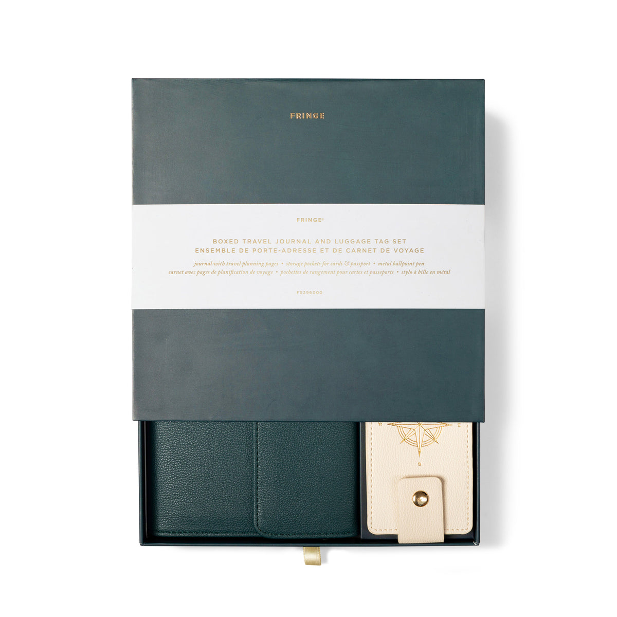 Fringe New Adventures Travel Folio Set in dark green with a cream-colored luggage tag.