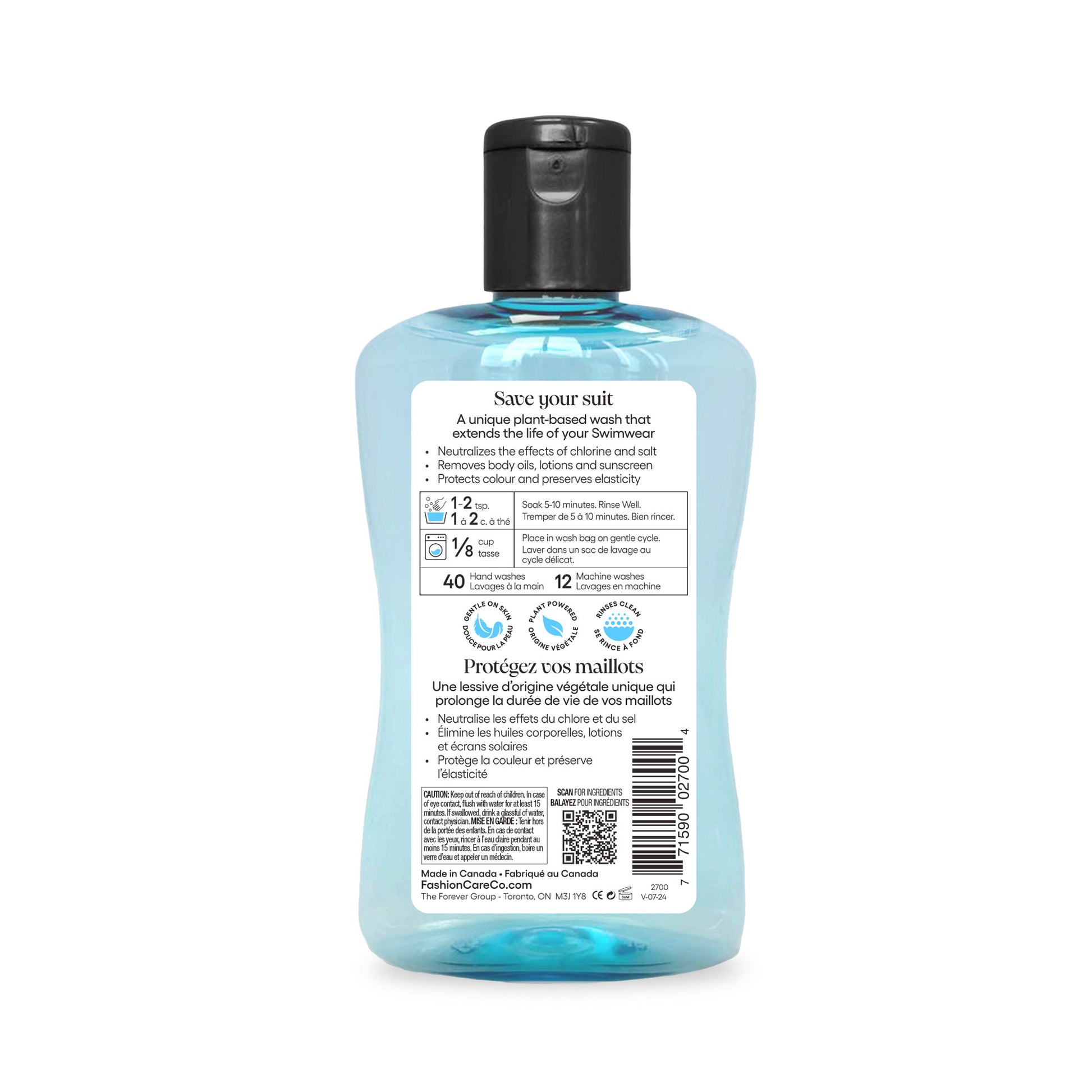 Back view of Forever & Ever Splash® Swimwear Wash bottle with black cap, showing multilingual label and instructions.