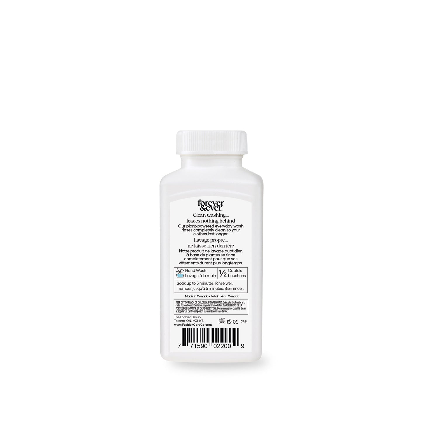 White plastic bottle with white cap, labeled Forever & Ever Original Powder - 150g Travel Size, barcode on back.