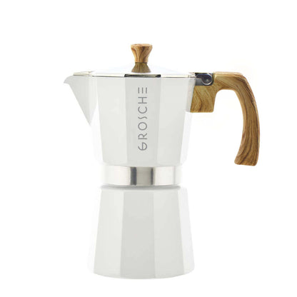 White octagonal moka pot with vertical GROSCH engraving, wood handle, and safety valve
