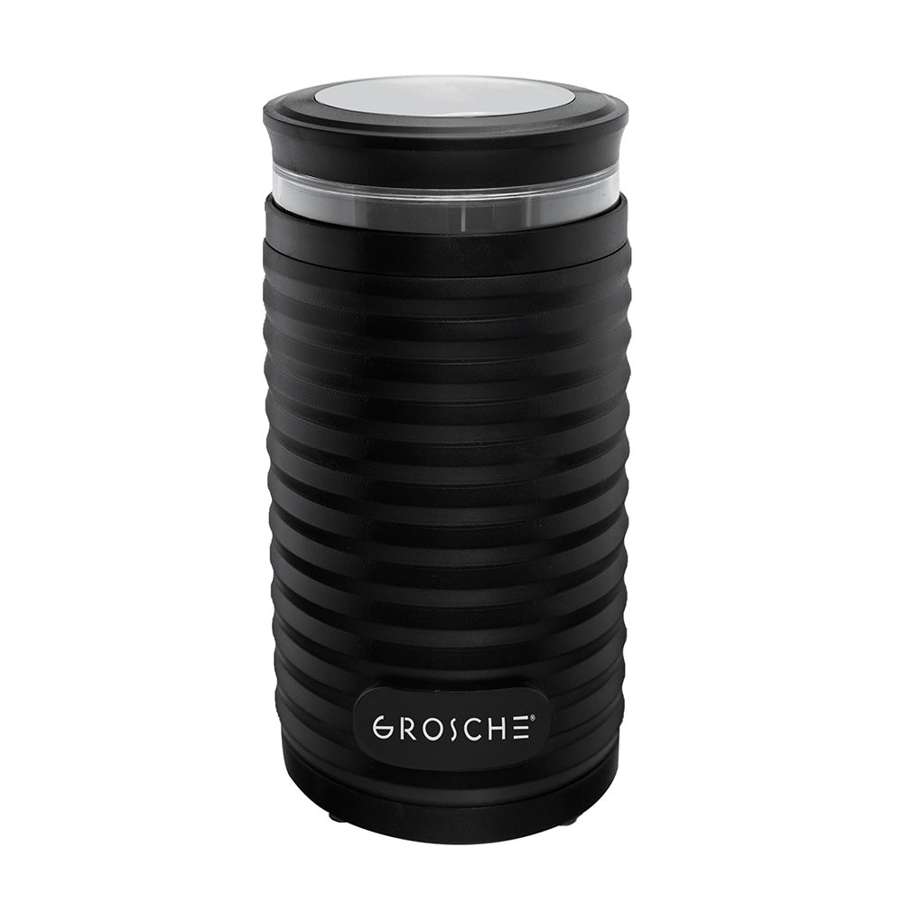 Solid black Grosche blade coffee grinder with transparent upper band isolated on white background
