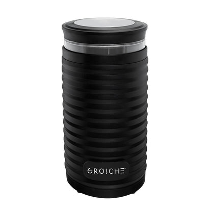 Solid black Grosche blade coffee grinder with transparent upper band isolated on white background