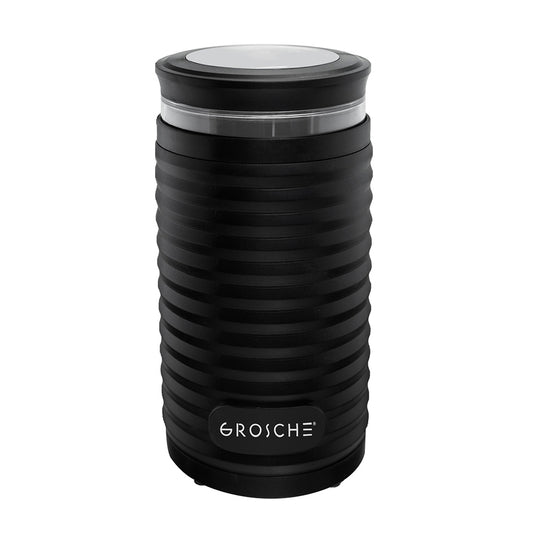 Product Image – Solid black Grosche blade coffee grinder with transparent upper band isolated on white background