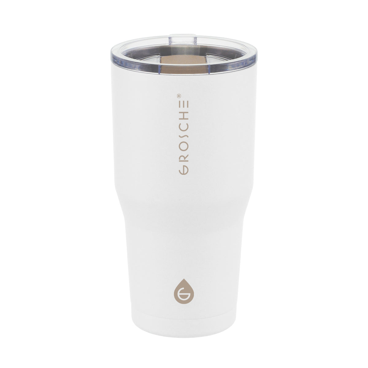 Matte white Grosche Yukon insulated travel mug with beige branding and clear slider lid