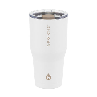 Matte white Grosche Yukon insulated travel mug with beige branding and clear slider lid