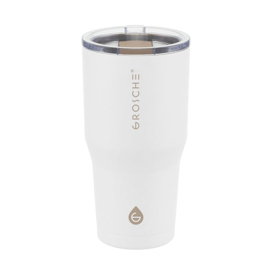 Product Image – Matte white Grosche Yukon insulated travel mug with beige branding and clear slider lid