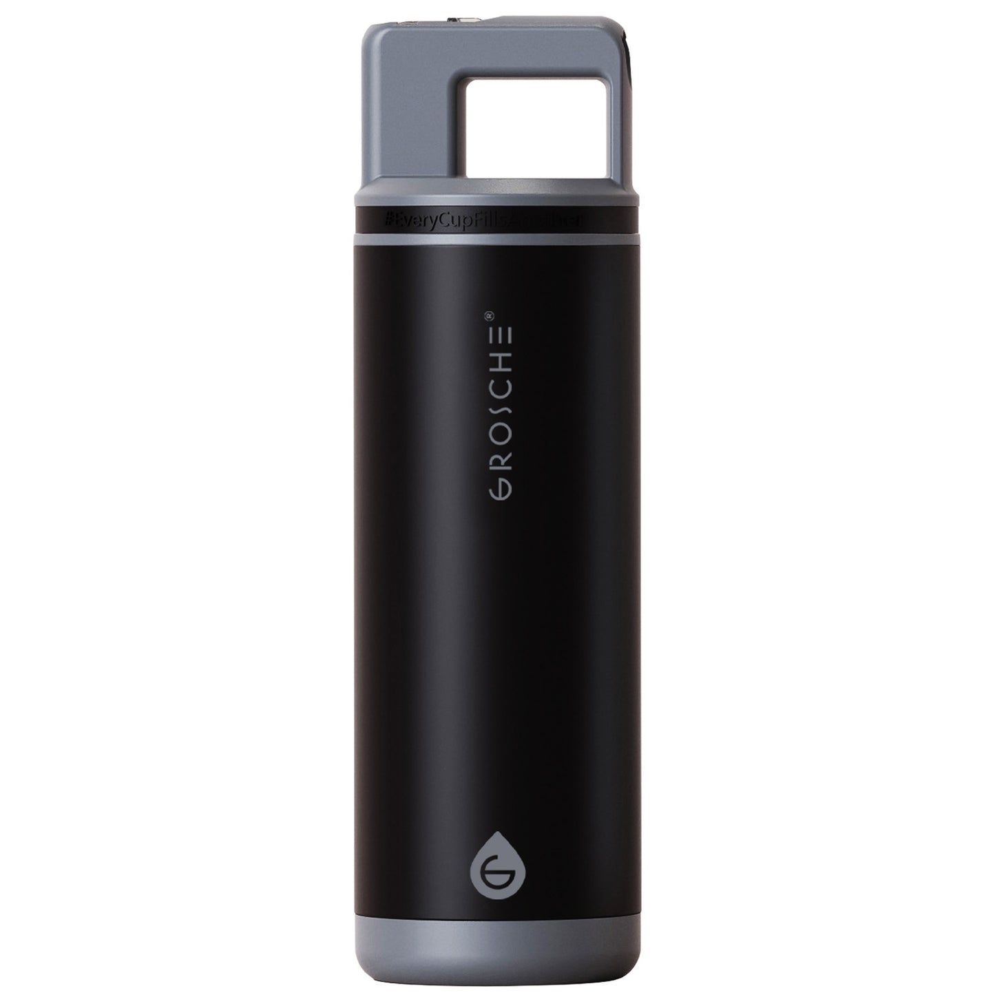 Grosche Alpine 20oz Flip 'N Sip Insulated Water Bottle in black with gray lid and handle, upright on white.