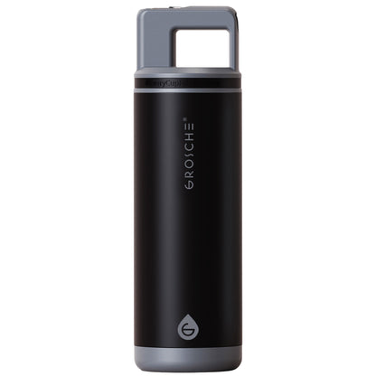 Grosche Alpine 20oz Flip 'N Sip Insulated Water Bottle in black with gray lid and handle, upright on white.