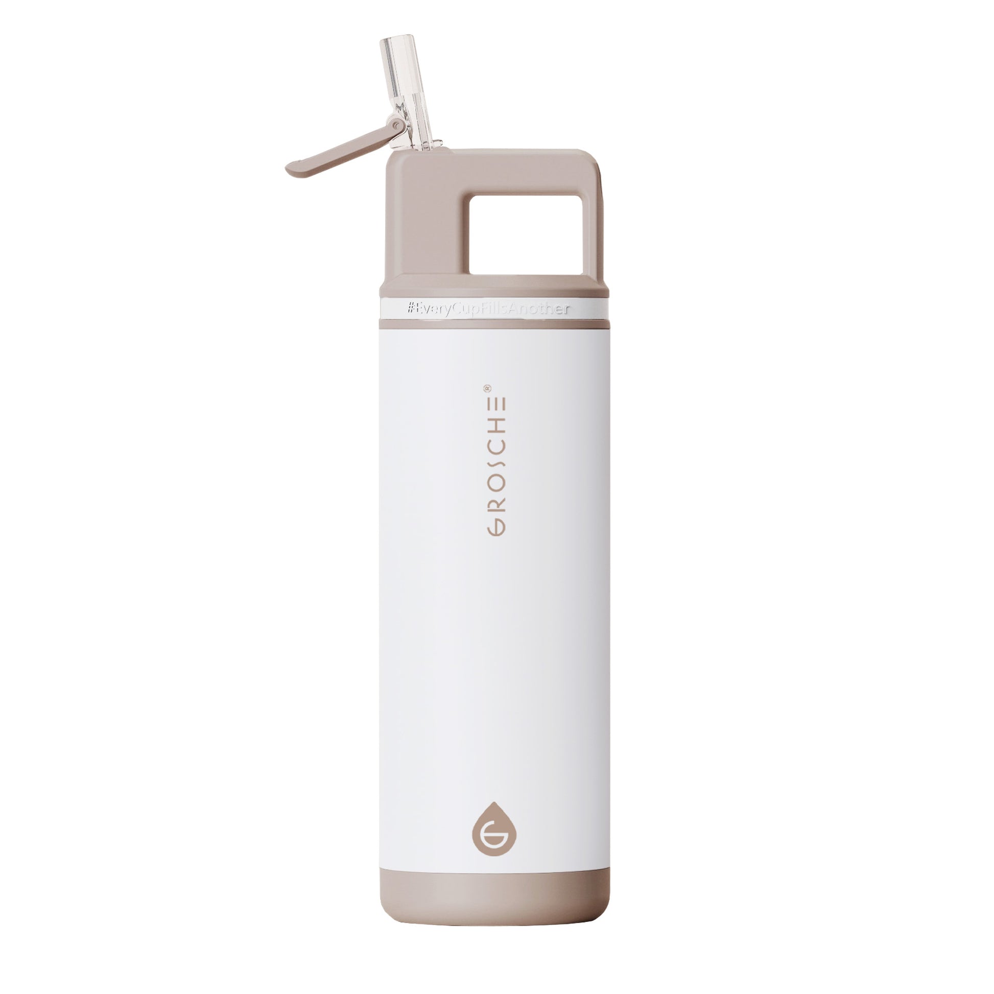 The Grosche Alpine 20oz Flip 'N Sip insulated bottle with handle, in white/beige, shown on white background.