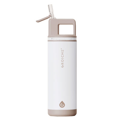 The Grosche Alpine 20oz Flip 'N Sip insulated bottle with handle, in white/beige, shown on white background.