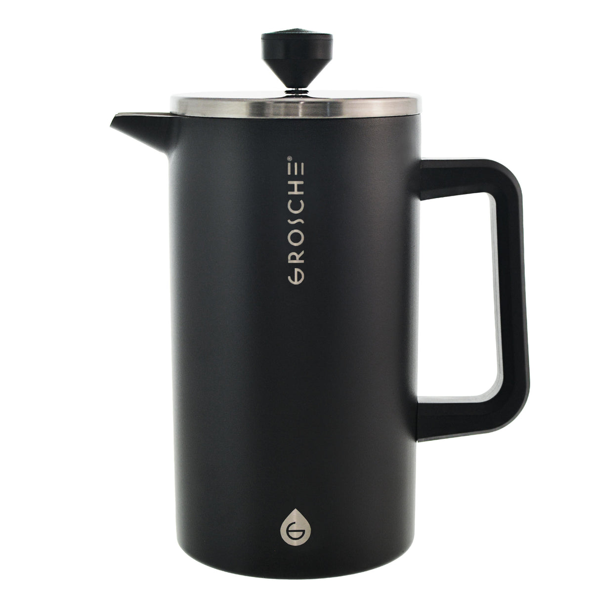 Front view of matte black double walled stainless steel Grosche French press