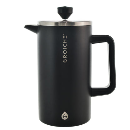 Front view of matte black double walled stainless steel Grosche French press