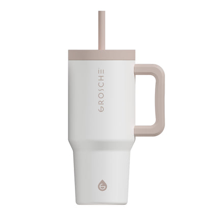 Grosche Aspen 32oz Insulated Tumbler with lid, straw & beige handle, shown on a white background.